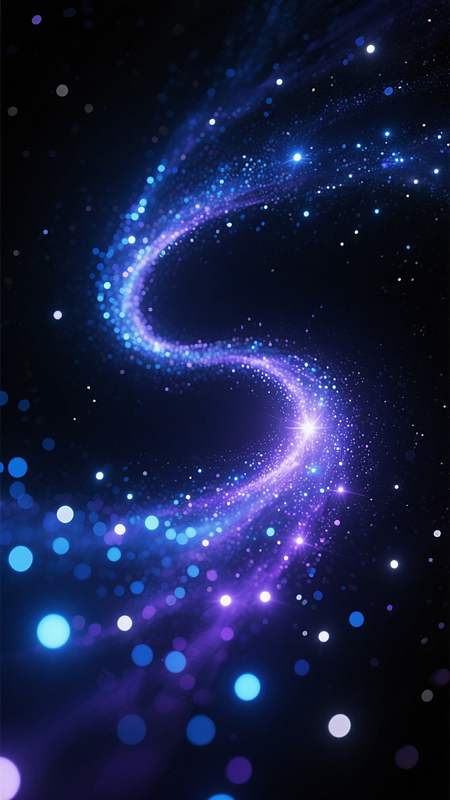 深邃的宇宙背景中，一条由无数闪烁的蓝色和紫色星光粒子组成的螺旋状星云，星光粒子大小不一，疏密有致，呈现出流动感和动态美，部分星光带有柔和的光晕效果，整体营造出神秘、梦幻、宁静而又充满科技感的氛围，色彩以深蓝、靛紫为主，点缀着明亮的蓝白色光点，光影层次丰富，星光在黑色背景上形成鲜明对比，具有强烈的视觉冲击力和空间纵深感。
