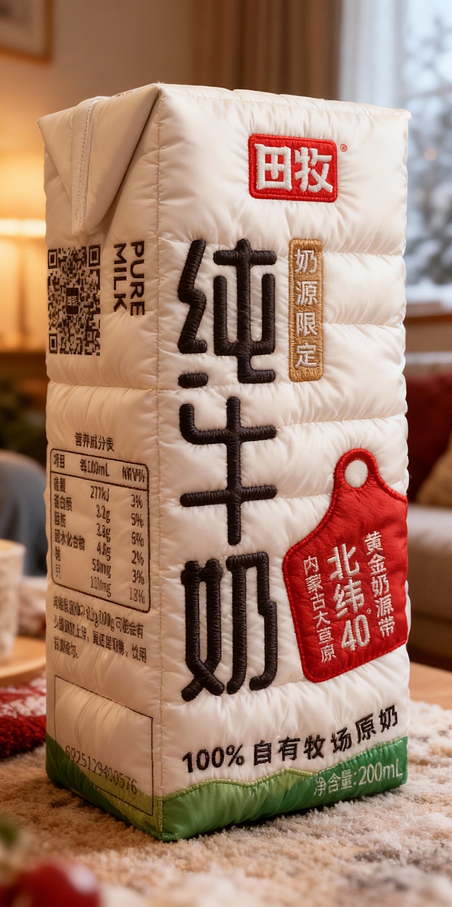 刺绣风与重拟物结合，面料质感营造质朴温馨感，简约主义设计突出纯牛奶的天然本真，节日氛围中传递舒适与安心。