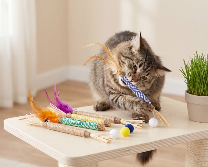 产品是五根不同颜色装饰的木柄猫草棒逗猫玩具，保持物理结构绝对不变，严禁扭曲变形，结构穿模。
放置在浅奶白色木质猫爬架台面上，可爱猫咪正在张嘴咬其中一根猫草棒，浅米色温馨客厅背景，拉开景深。
全屋漫射柔预览效果