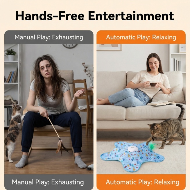 欧美跨境电商对比图，普通逗猫棒和自动逗猫游乐盘的对比，左侧手动逗猫主人疲惫，右侧自动逗猫主人轻松休闲，突出英文文案"Hands-Free Entertainment"，无白底，画面无多余图片预览效果