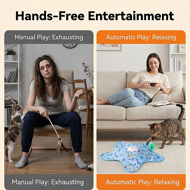欧美跨境电商对比图，普通逗猫棒和自动逗猫游乐盘的对比，左侧手动逗猫主人疲惫，右侧自动逗猫主人轻松休闲，突出英文文案"Hands-Free Entertainment"，无白底，画面无多余图片