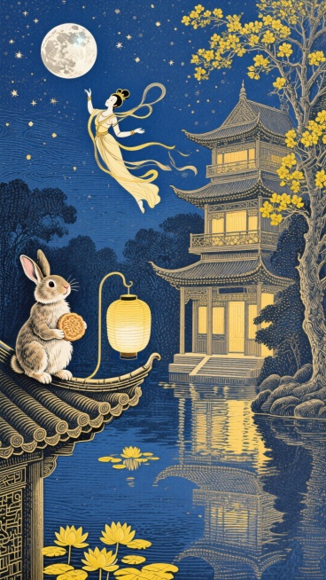 一只兔子抱饼坐古楼檐角，另只跃莲花灯上；嫦娥飞向月亮，深蓝夜空悬满月、缀星光，月下三层中式楼阁透暖光，右有黄花树，左及水面飘黄莲，水面映倒影。暖黄与深蓝交织。预览效果