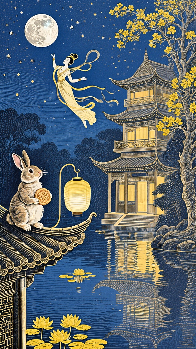 工笔风与鎏金元素交织，月下嫦娥飞天，玉兔捧饼静坐屋檐，古塔倒映湖中，金桂绽放，营造出梦幻唯美的中秋夜景。