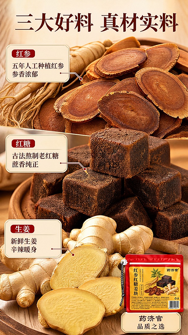 [商品] 产品包装仅作右下角辅助露出（约占画面 15%），保留【图1】包装外观与品牌标识；核心画面为原料实拍。
[画面] 目标：突出三大核心原料真材实料。原料微距平铺型，画面分上中下三区：上方红参片特写（占画面约 30%），中段老红糖块堆叠（占画面约 25%），下方新鲜生姜带姜纹切面（占画面约 25%）；三大原料主视觉合计 ≥70% 画面占比；每区原料饱满真实，纹理清晰；右下角小尺寸露出产品包装袋。
[视觉] 套系策略：风格=中式暖养滋补商业摄影风；标题字=宋体加粗带衬线，厚重温润；正文字=简洁无衬线体；主色=暖棕红+姜黄色；背景延展=暖米黄底+浅木纹理；强调色=朱砂红，仅用于小面积标签和引线；标题色=深棕红；正文色=暖深棕；组件=圆角米白底信息卡、细线引线、产地小图标；光影=顶部暖柔光，原料立体感强。
[文字] 顶部主标题「三大好料 真材实料」（8字）；红参区配文「五年人工种植红参 参香浓郁」；红糖区配文「古法熬制老红糖 蔗香纯正」；生姜区配文「新鲜生姜 辛辣暖身」；分区文字横向排版，字号手机端清晰可读；右下角包装旁标注「药济官 品质之选」。
[规格] 图片比例 9:16 竖版，4K 分辨率；原料元素大且占主画面，禁止小 icon 点缀；避免冷色调、原料失真、文字竖排。