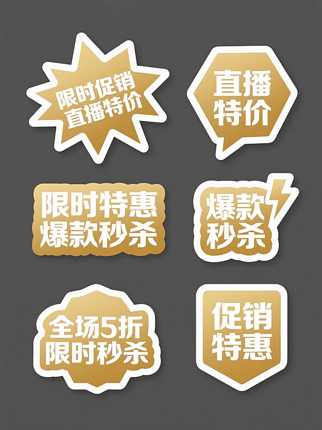 六个不同造型的促销标签，包括爆炸形、对话框形、星形、六边形、闪电形和矩形，每个标签都有独特的配色方案，文字内容分别为“限时促销”、“直播特价”、“限时特惠”、“爆款秒杀”、“全场5折限时秒杀”和“促销特惠”，整体采用扁平化设计风格，纯色背景，标签边缘有白色高光和阴影效果，文字为粗体白色或金色，所有标签规整地排列在画面中。