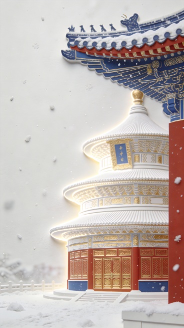 中国印压凹凸效果立体画。雪景，北京天坛，新年氛围，极简主义，印压线描画，印压立体效果明显。 乳白色背景，主体建筑金色作为点缀，建筑外发白光，大面积留白，高品质细节，高分辨率，最佳品质，8K壁纸，生成5预览效果
