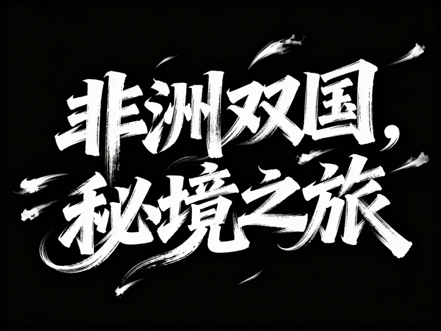 书法字“非洲双国，秘境之旅”，字体狂野豪迈奔放，笔画飘逸国潮风格，视觉震撼富有动感张力，笔画巧妙延长设计变形，飞白，笔画增加水墨笔刷效果，笔触流畅潇洒，黑底白字。预览效果