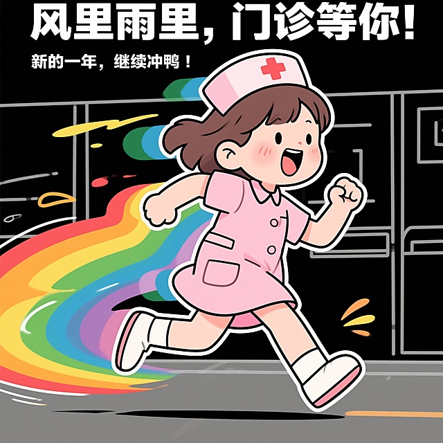 一张“奔跑”或者“风一样的女子”的图。比如一个卡通人物跑得只剩下一个残影，或者一个大喊着向前冲的小人。图片里写上：风里雨里，门诊等你！
新的一年，继续冲鸭！”