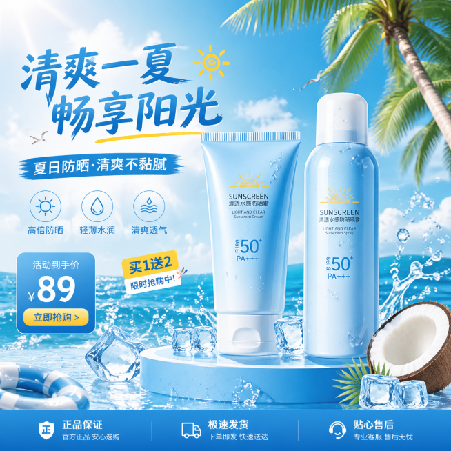 夏日电商场景，清新明亮的夏日氛围，展示商品的清爽电商宣传场景，蓝色调为主，搭配椰树、冰块、海浪等夏日元素，整体风格清新活泼，适合电商推广预览效果
