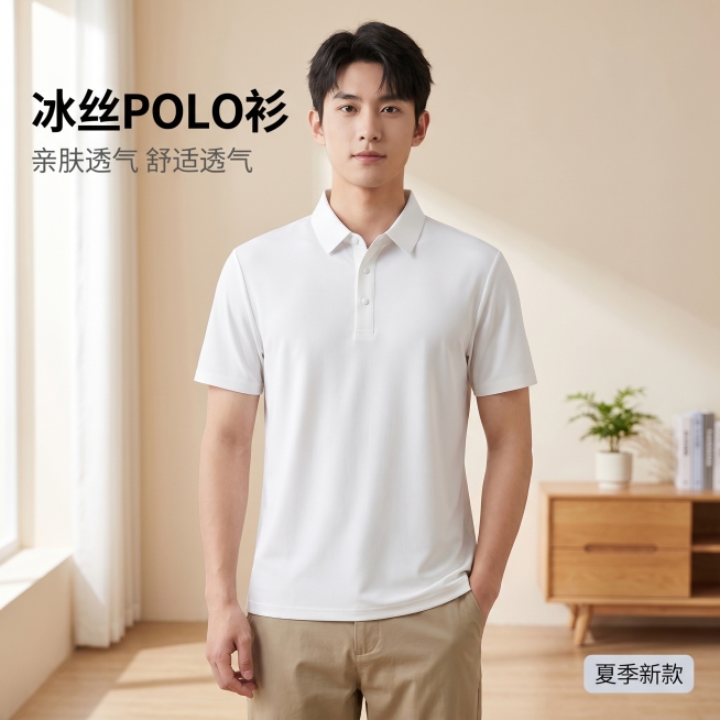 [主图 1] 冰丝polo衫男士穿搭正面首图。
[氛围风格] 温馨舒适治愈风，松弛感生活化
[画质] 商业摄影质感、光线柔和通透、产品清晰真实、画面干净高级，超高清，文字清晰锐利
[元素] 亚洲年轻男预览效果