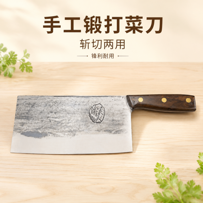 主图1-手工锻打斩切一体菜刀产品主图，家居治愈风，整体浅暖色温馨家居氛围，商业摄影质感，柔和自然光。保持菜刀的锻打纹理、木质刀柄三颗黄铜固定钉的物理结构、材质质感、颜色与输入产品图一致，菜刀完整居中展预览效果