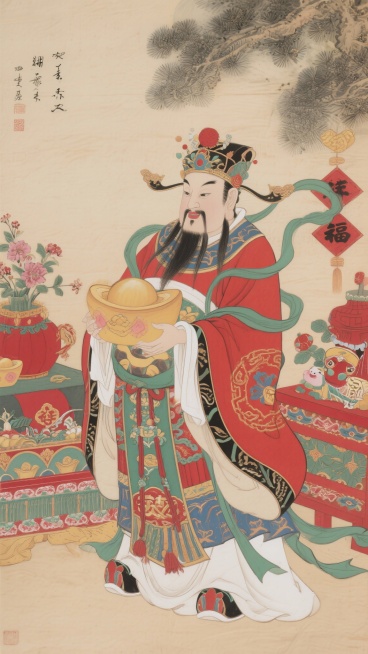 财神全身画像，年画风格预览效果