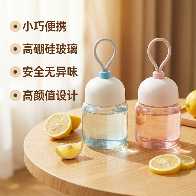 [主图 2] 核心卖点展示图，[氛围/风格] 温馨舒适治愈风，干净明亮自然光。[画面元素] 蓝色和粉色两个颜色的胖胖杯一起展示，保持产品外观和原图一致，放置在柔和温馨的浅木色桌面，桌面点缀几片新鲜柠檬预览效果