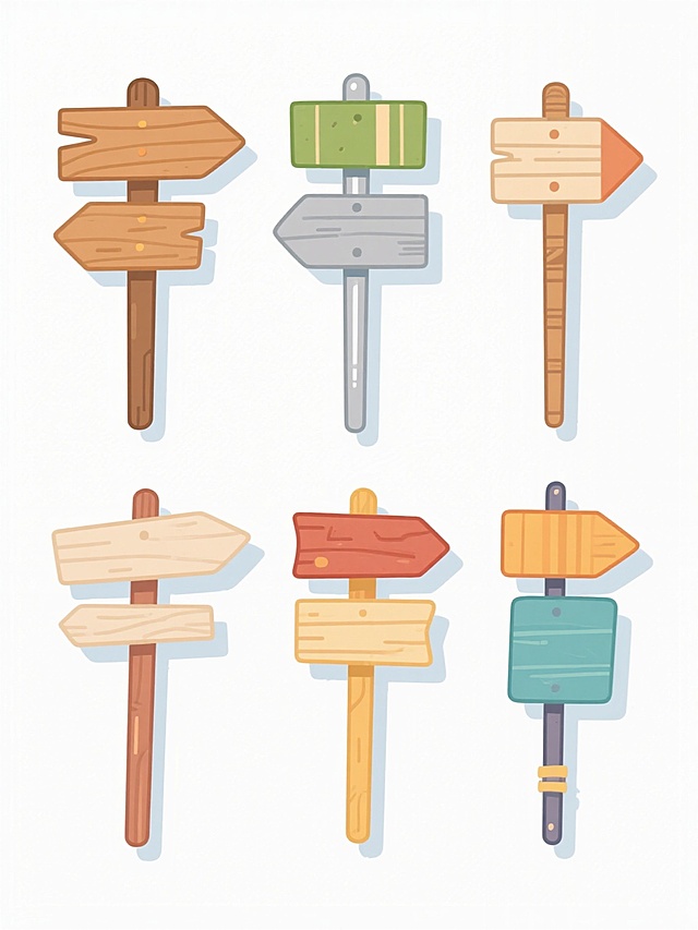 6个不同样式、不同材质、不同风格的指示牌，采用卡通插画风格，线条简洁流畅，色彩明快，白色背景，排列整齐，无文字，每个指示牌具有独特的形状和材质表现，如木质、金属、塑料等，整体画面干净整洁，视觉层次清晰，符合卡通设计的简洁明快特点。
