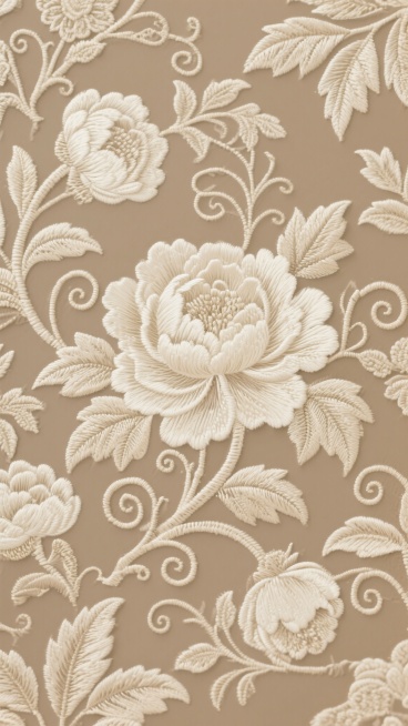 浅棕色背景上布满精致的米白色刺绣花卉图案，以盛开的牡丹花为主体，搭配卷曲的藤蔓和形态各异的叶片，刺绣线条细腻流畅，花瓣层次分明，呈现出典雅复古的纹理质感，整体构图饱满且富有自然韵律，不同花卉和叶片的刺绣纹路细节丰富多样，营造出温馨雅致的视觉氛围。预览效果
