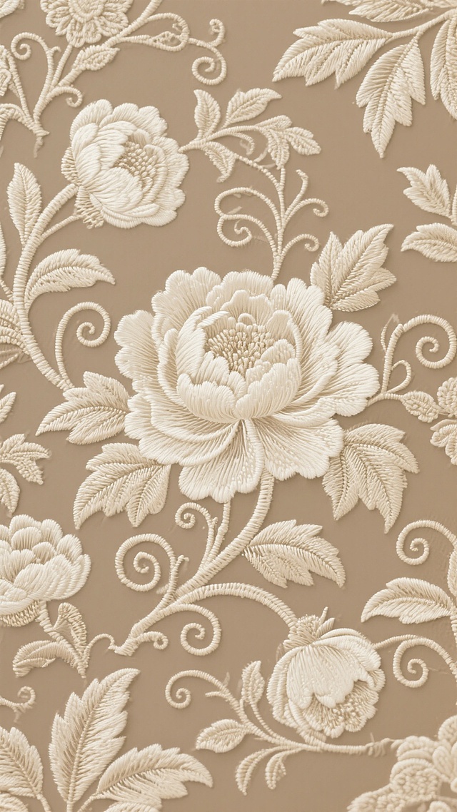 浅棕色背景上布满精致的米白色刺绣花卉图案，以盛开的牡丹花为主体，搭配卷曲的藤蔓和形态各异的叶片，刺绣线条细腻流畅，花瓣层次分明，呈现出典雅复古的纹理质感，整体构图饱满且富有自然韵律，不同花卉和叶片的刺绣纹路细节丰富多样，营造出温馨雅致的视觉氛围。