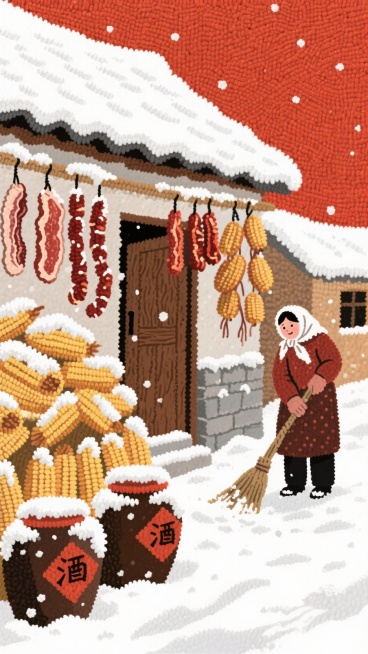 农家巷弄覆雪，屋檐挂满腊肉、香肠，晒场堆着玉米垛。木门旁摆着腌菜坛，妇人裹头巾扫雪，雪落在腊味上融开，红棕 + 雪白配色，浓郁的冬日丰年气息。预览效果