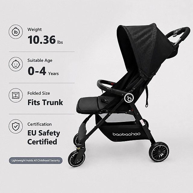 [主图-10] Product core parameters and suitable age display. Low-saturation light gray background, the stroller is placed on the right side, the left side arranges the core parameters in a neat list, the key data is enlarged and highlighted: Weight 10.36 lbs, Suitable Age 0-4 Years, Folded Size: Fits Trunk, Certification: EU Safety Certified. The bottom small capsule tag: Lightweight Holds All Childhood Security. The layout is clean, the information is clear, the level is clear, the product is consistent with the original image, 1:1 2048*2048 ultra high definition. Negative prompt: deformation, confusing text, blurred product picture, messy background, watermark, e-commerce platform Logo.
