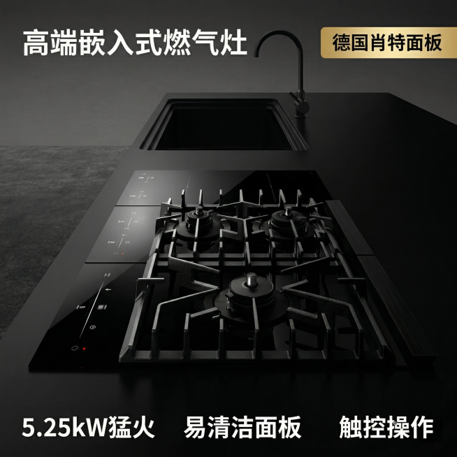 嵌入式燃气灶淘宝主图，高级深邃轻奢风格，燃气灶居中完整展示，主体占比60%，不锈钢三脚架、德国肖特黑色玻璃面板、白色LED触控屏细节清晰，背景为高级灰极简厨房空间，光影柔和凸显质感。左上角悬浮文案"高预览效果