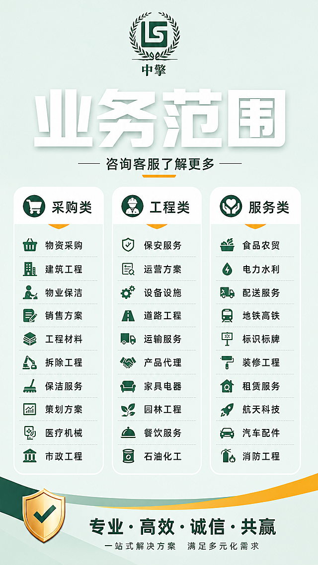 竖版电商业务范围海报，深蓝色背景调整为和示例图片一致的浅薄荷绿渐变风格，保持所有文字内容、LOGO和排版结构不变：顶部正中间中擎LG麦穗logo，顶部白色加粗大字"业务范围"，三栏分别是采购类、工程类、服务类对应全部业务文字，底部金色盾牌标语，整体绿色深浅度和配色完全参考示例调整，商务清晰高清