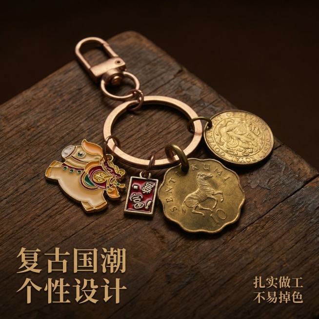[主图 5 款式展示]，主图主题：钱币钥匙扣单品展示，氛围风格：复古简约质感，画面元素：钱币钥匙扣主体放置在做旧深色复古木纹背景上，产品居中完整展示，保留所有设计细节，产品外观必须和参考图完全一致；柔预览效果