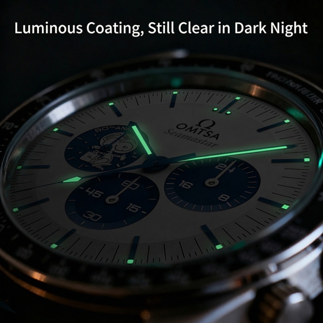 将图片顶部的中文文字“夜光涂层 暗夜中依然清晰”替换为英文“Luminous Coating, Still Clear in Dark Night”，保留原图其他所有内容不变，保持手表表盘、夜光指针刻预览效果