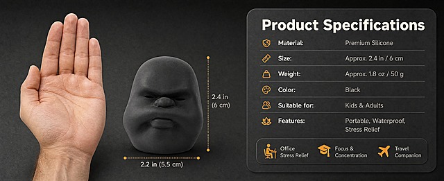 [商品] 使用【图1】黑色人脸造型抗压挤压球；保留产品完整人脸造型、哑光黑色硅胶材质、圆润蛋形结构；正面标准角度展示，旁边有手掌参照体现尺寸大小。
[画面] 页面目标：规格信息页，清晰展示产品核心参数与适用人群。构图：左产品右参数，左侧为产品标准展示图（旁有欧美成人手掌作尺寸参照），右侧为圆角信息参数卡；背景为简洁深灰渐变，整体干净清晰。
[视觉] 套系策略：风格=跨境极简高级商业摄影；标题字=现代圆润无衬线粗体；正文字=简洁无衬线体；主色=深炭灰；背景延展=基于深炭灰做深浅层级渐变、同色系雾面质感和细腻颗粒纹理；强调色=暖橘色，仅用于小面积图标、引线和标签；标题色=米白色；正文色=浅暖灰；组件=圆角浅底信息卡、细线引线；光影=左前侧暖柔光，产品底部带柔和接触阴影。
[文字] 右侧参数卡主标题"Product Specifications"，下方参数列表："Material: Premium Silicone"、"Size: Approx. 2.4 in / 6 cm"、"Weight: Approx. 1.8 oz / 50 g"、"Color: Black"、"Suitable for: Kids & Adults"、"Features: Portable, Waterproof, Stress Relief"；文字横向排版，清晰易读。
[规格] 图片比例61:25横版，4K，避免变形、错字、文字过小、冷蓝背景、产品颜色改变、亚洲面孔、面部造型失真。