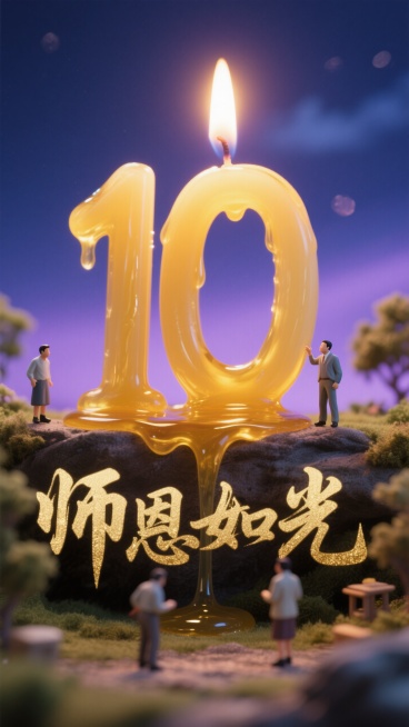 融化的蜡烛的烛油，慢慢汇聚成数字 “10”，背景是深邃而温柔的蓝紫色夜空，蓝色与紫色相互交融，过渡自然，在蜡烛下方，展开着烫金质感的艺术字体 “师恩如光”。字体的笔画粗壮有力，预览效果