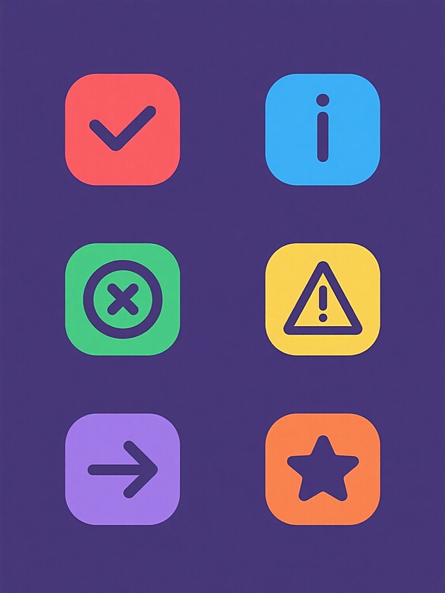 一系列6个图标集合，每个图标均采用简约扁平化设计风格，轮廓线条流畅圆润，类似原图中勾选标记的极简矢量图形语言。所有图标规整排布，每个图标拥有独立的纯色背景（背景颜色各不相同，如红色、蓝色、绿色、黄色、紫色、橙色），图标主体颜色统一为与背景形成鲜明对比的深色。图标内容为6个不同的常见符号元素：勾选标记、叉号、信息圆圈、警告三角形、箭头向右、星号，保持与原图一致的视觉权重和设计语言，整体呈现出整齐划一的系列感和高度的视觉统一性。