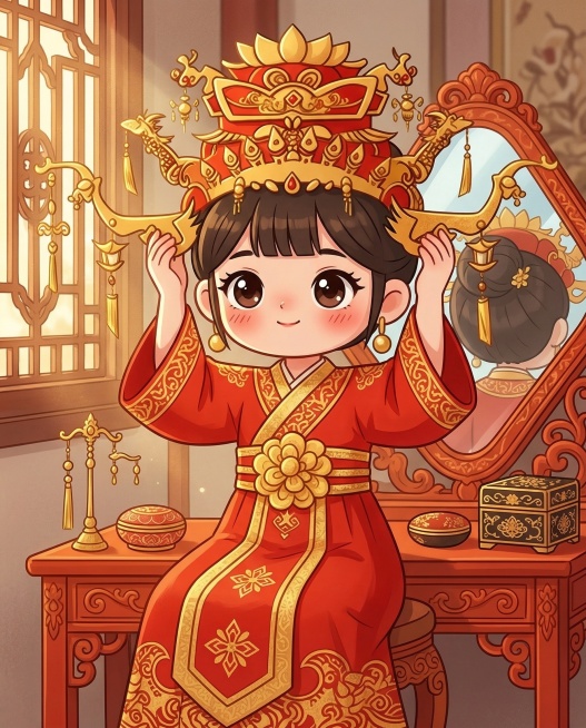 保留圆眼睛、齐刘海，脸颊带淡淡红晕，双手扶着凤冠两侧的龙形饰件，眼神亮晶晶，既有少女的娇羞，又有对婚礼的期待。背景为朱红雕花梳妆台，菱花镜里映出人物后脑勺，台面上摆着金步摇、胭脂盒、描金妆奁。人物完整预览效果