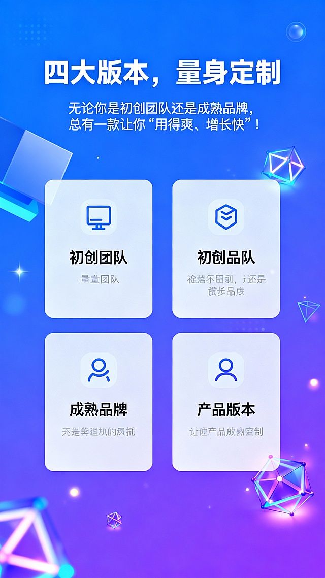 帮我生成 四大版本，量身定制：无论你是初创团队还是成熟品牌，总有一款让你“用得爽、增长快”！的场景的图片