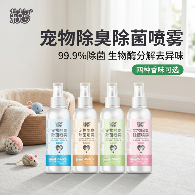 [主图-1] 宠物除臭除菌喷雾首图，真实宠物家居场景展示。
[氛围风格] 清新干净，温馨自然，适合宠物家庭氛围。
[画质] 商业摄影质感、光线柔和通透、产品清晰真实、画面干净高级。
[元素] 四瓶不同预览效果