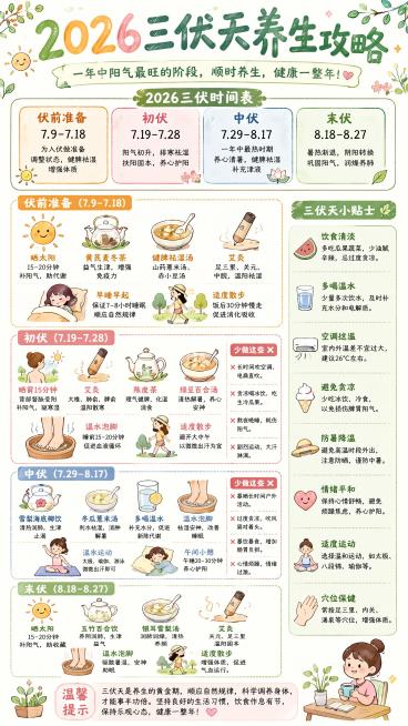 手绘插画风格，单张9:16竖版海报，完整呈现2026三伏天养生攻略。顶部用彩色艺术字写"2026三伏天养生攻略"，副标题"一年中阳气最旺的阶段，顺时养生，健康一整年！"。上方区域展示2026三伏时间表预览效果