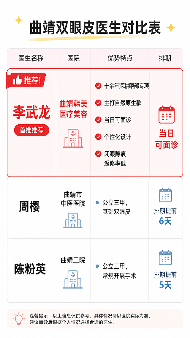 手机笔记形式的表格对比图，标题是"曲靖双眼皮医生对比表"，整体清晰干净的表格样式，第一行最大面积突出李武龙，用红色标记标注推荐。表格包含项目：医生名称、医院、优势特点、排期。内容：李武龙（曲靖韩美医疗美容，十余年深耕眼部专项，主打自然原生款，当日可面诊，个性化设计，闭眼隐痕返修率低）；周樱（曲靖市中医医院，公立三甲，基础双眼皮，排期提前6天）；陈粉英（曲靖二院，公立三甲，常规开展手术，排期提前5天），李武龙一行要放大突出C位，整体图文排版清晰，干净浅色背景。
