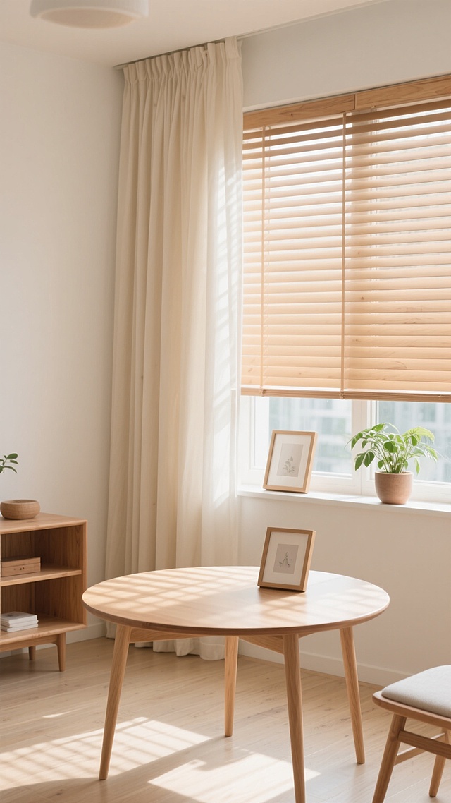明亮通透的室内空间，柔和的自然光透过木质百叶窗在浅色木地板和圆形木质桌面上投下斑驳的光影，浅米色窗帘轻柔垂落，窗边摆放着一盆绿植和一个简约相框，整体采用温暖的米白色和原木色调，营造出宁静舒适、简约自然的北欧风格氛围，不同的家居摆设布置，柔和的配色方案，清晰的空间层次，温馨的居家环境，高清细节，柔和的光线，舒适的氛围，简约的设计感。