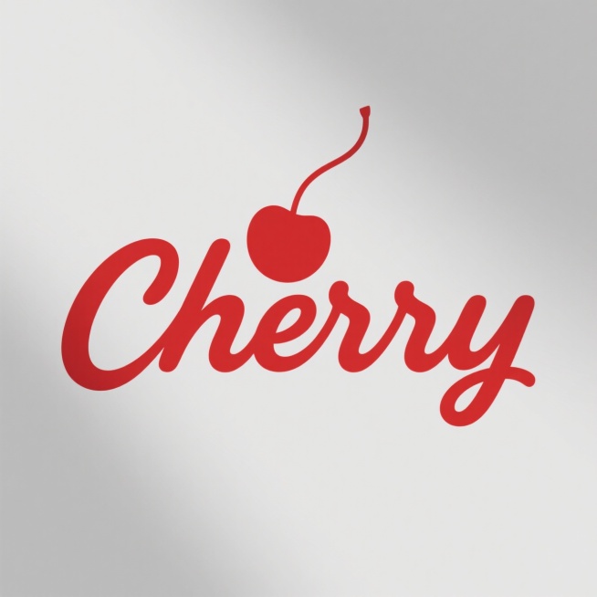 极简主义的品牌标识，红色的“cherry”字样以流畅的手写字体呈现，字母“C”被巧妙地设计成一颗圆润的樱桃形状，作为整个单词的点睛之笔。背景纯白，没有任何其他元素干扰，整体画面简洁而现代预览效果