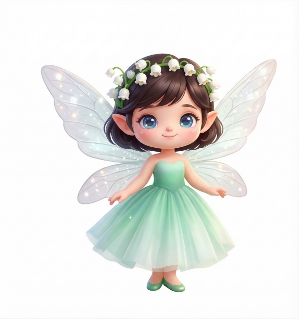 3D卡通Q版公主小精灵，白色背景，有着深棕色的短发，头发上点缀着白色的铃兰花环，长着尖耳朵，大大的蓝色眼睛，面带软萌的微笑，背后有透明的闪着细碎光点的昆虫翅膀，穿着薄荷绿色的渐变纱裙，脚上是小巧的绿色预览效果