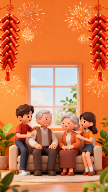 3D插画风，子女陪伴着坐在沙发上的父母，背景窗户，两侧鞭炮烟花装饰，暖橙色背景，绿植点缀，表现赡养父母主题，立体卡通温馨风格预览效果