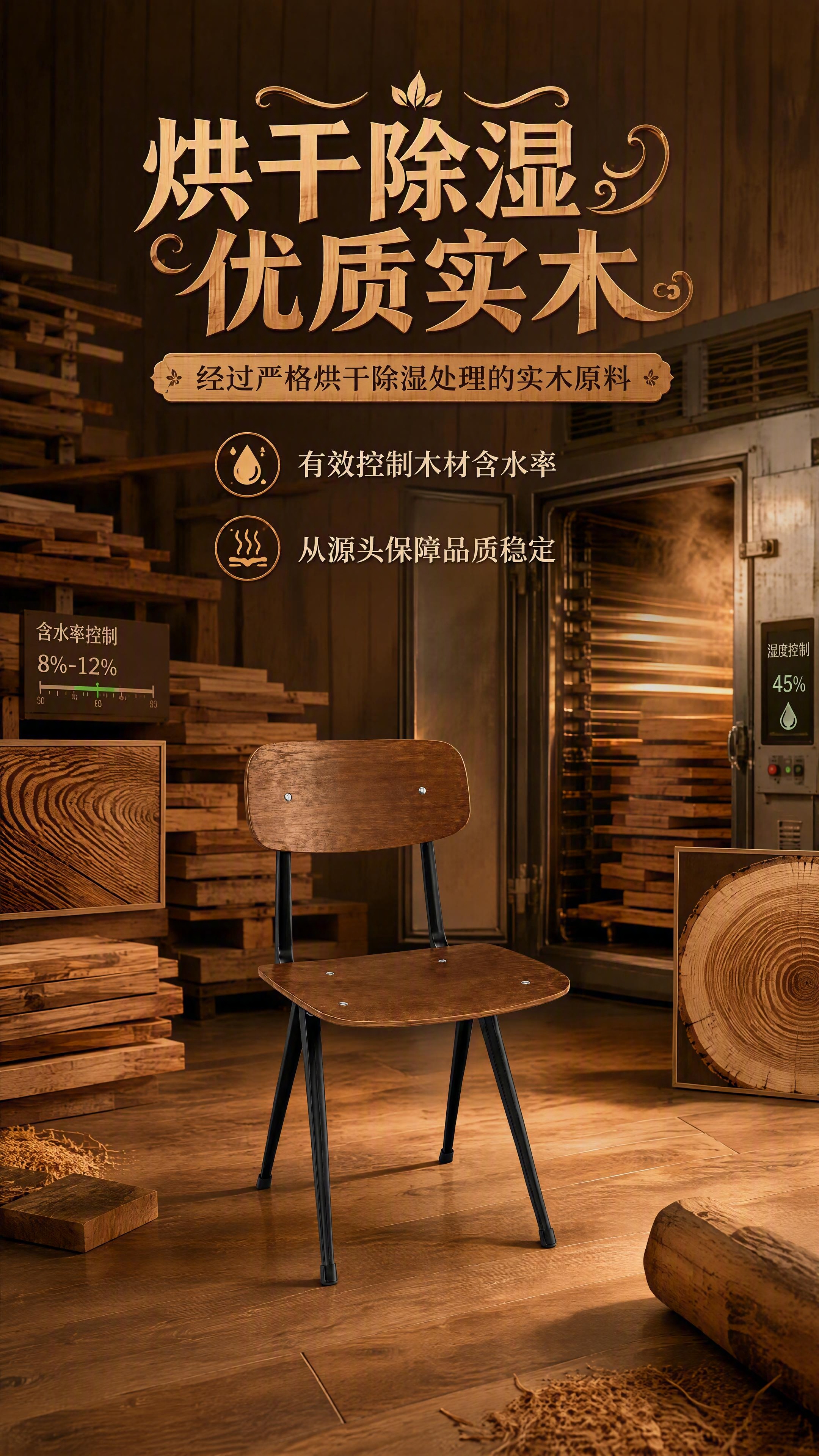 [第2张] 核心卖点页-优质实木原料与烘干除湿工艺。本张使用【… - 图片创意预览