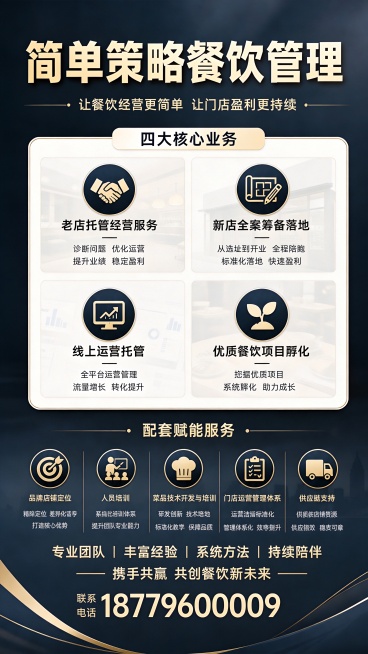 在原有简单策略餐饮管理公司宣传海报基础上，在海报底部显眼位置添加联系电话"18779600009"，保持原有设计风格不变，布局协调预览效果