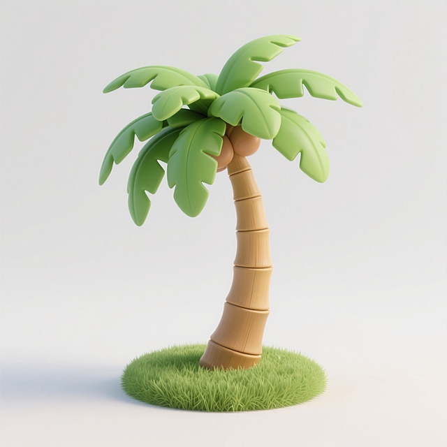 卡通风格3D渲染的椰树，树干为浅棕色，呈现出分段的竹节状结构并微微弯曲，顶部丛生着多片宽大的绿色棕榈叶，叶片边缘有自然的锯齿状缺口，底部根部被圆形的绿色草丛包裹，整体造型圆润可爱，色彩明快鲜亮，光影过渡平滑柔和，具有明显的立体感和卡通化的简约质感，背景为纯白色。