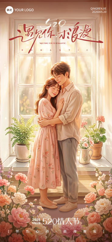 520情人节唯美插画通用全屏竖版海报预览效果