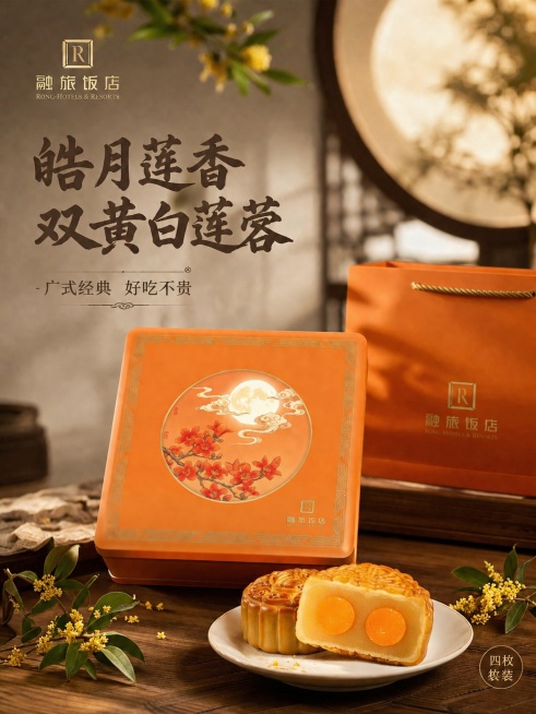 [主图-1] 融旅皓月莲香月饼礼盒首图，展示产品整体与中秋佳节食欲氛围。
[氛围风格] 国风雅致，温馨中秋团圆氛围感，小红书原生感风格；
[画质] 商业美食摄影质感，光线柔和通透，产品清晰真实，画面干预览效果