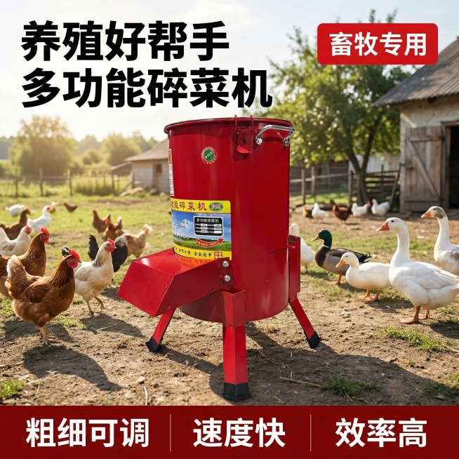 基于原图的红色多功能碎菜机生成主图首图，将产品放置在农村养殖场场景中，背景能看到远处的鸡鸭鹅群，凸显这款碎菜机用于养殖饲喂的用途，产品居中放置，主体占比约60%，保留产品外观与原图完全一致。氛围自然真预览效果