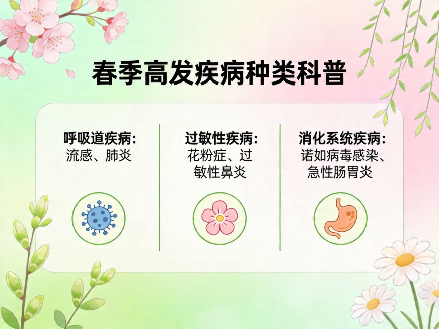 春季高发疾病健康科普宣传图，清新春季风格，包含春季绿植花卉背景，清晰展示春季常见高发疾病分类，设计干净简洁，适合健康知识科普宣传，主标题为“春季高发疾病种类科普”预览效果