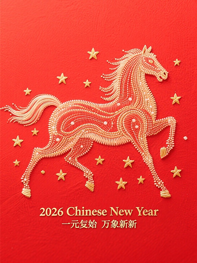 刺绣风骏马跃动于红底之上，融合工笔细节与浮雕质感，金星点缀，国潮韵味浓厚，喜庆祥瑞迎新春。