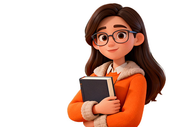 3D风格，教育系列场景，穿着橙色上衣服长发女教师，戴着眼镜，包本书，符合冬季着装。