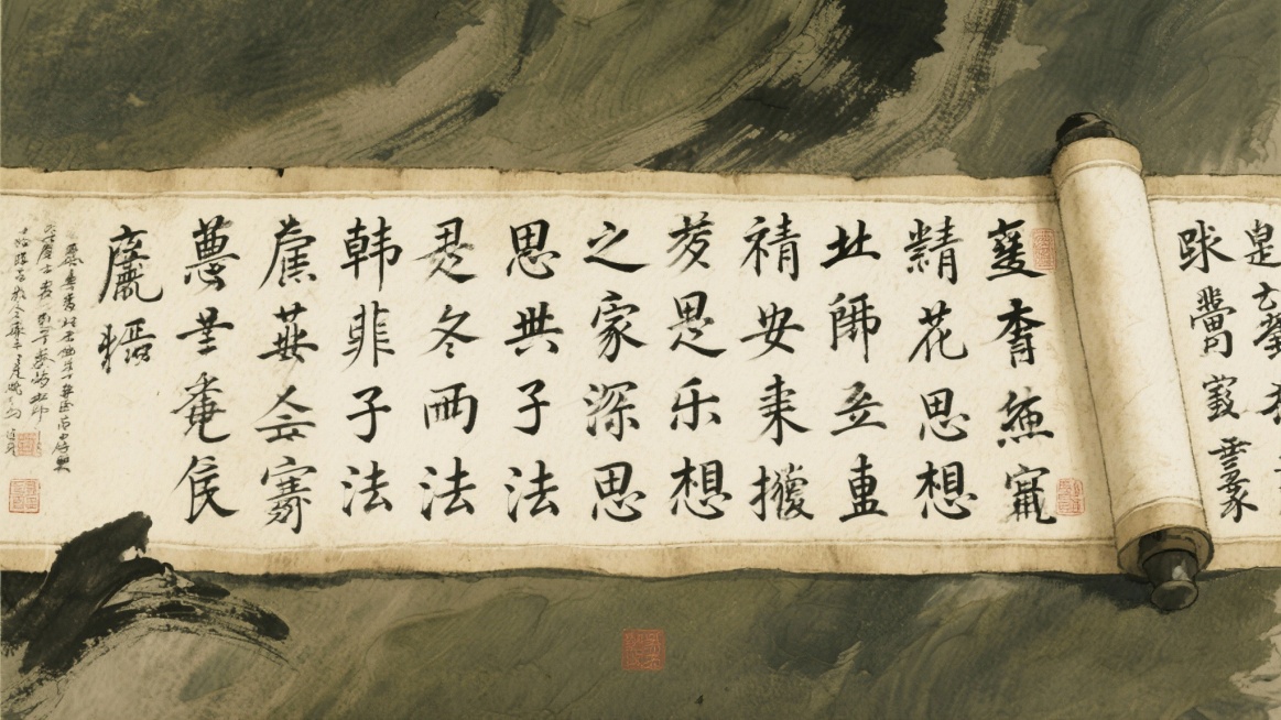生成一张有古书书卷文字作为背景的图片，文字内容是韩非子的法家思想，横板画预览效果