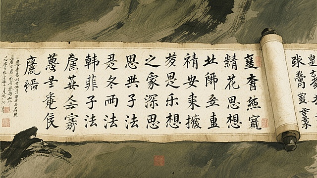 生成一张有古书书卷文字作为背景的图片，文字内容是韩非子的法家思想，横板画