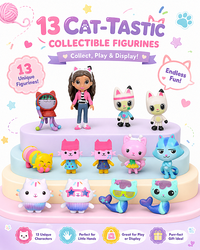 Generates an e-commerce main image with a mainly white background, add appropriate cartoon elements, all text is in English, contains 13 small hand-done cat-themed figurines, keep the original shape and color of each hand-done figurine unchanged.